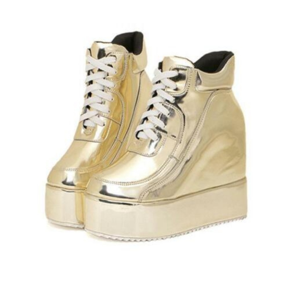 Gold Shiny Platform Wedge Lace Up